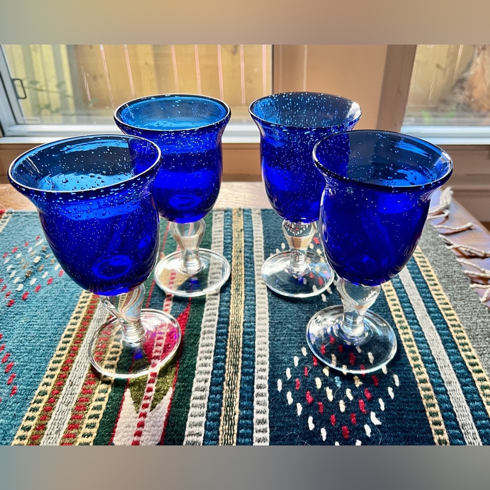 Set of Blue Goblets, Wine Glasses from Mexico